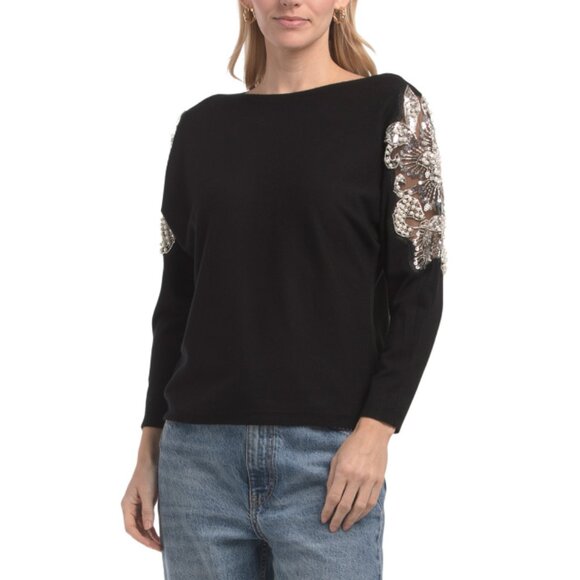 LIV Black Illusion Lace Dolman Pull Over Sweater - Picture 1 of 2